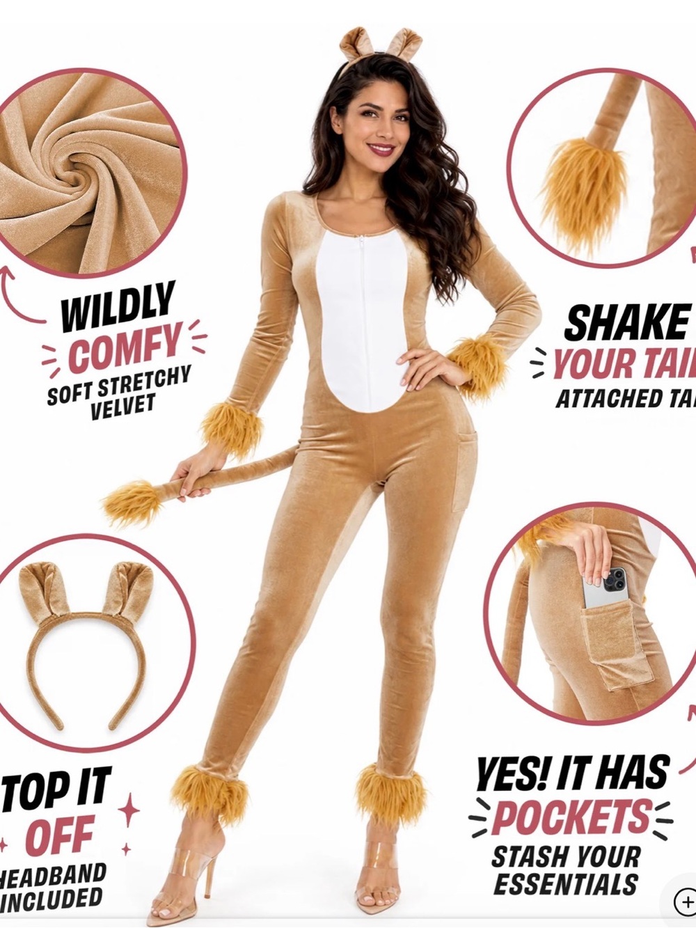 Tipsy Elves Lion Bodysuit Costume Velvet Women Small Brown White Halloween Party